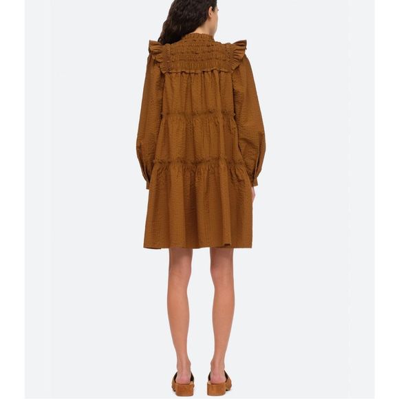 SEA Sevyn Seersucker Dress Size Large Long Sleeve Tobacco Brown Ruffle - Picture 2 of 16
